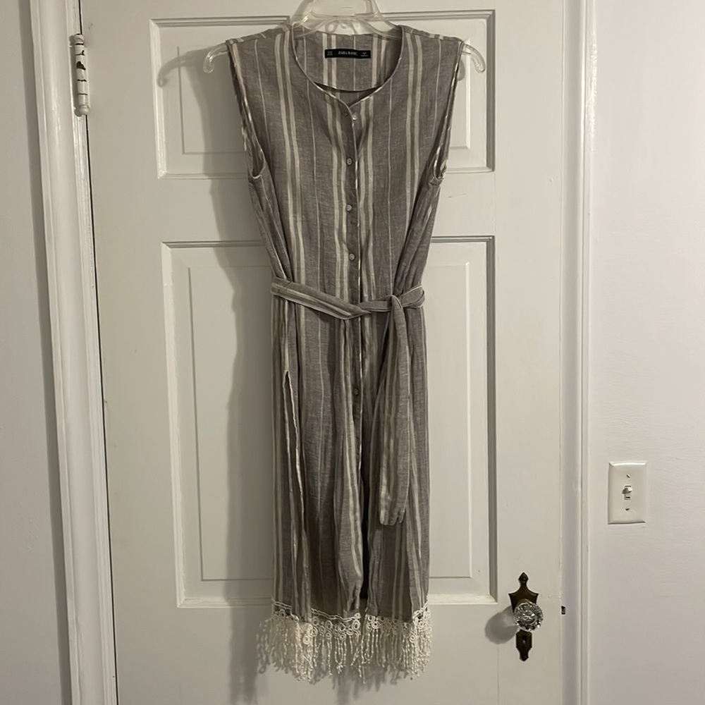 Zara Gray and White Striped Sleeveless Belted Linen Swim Coverup with Fringe